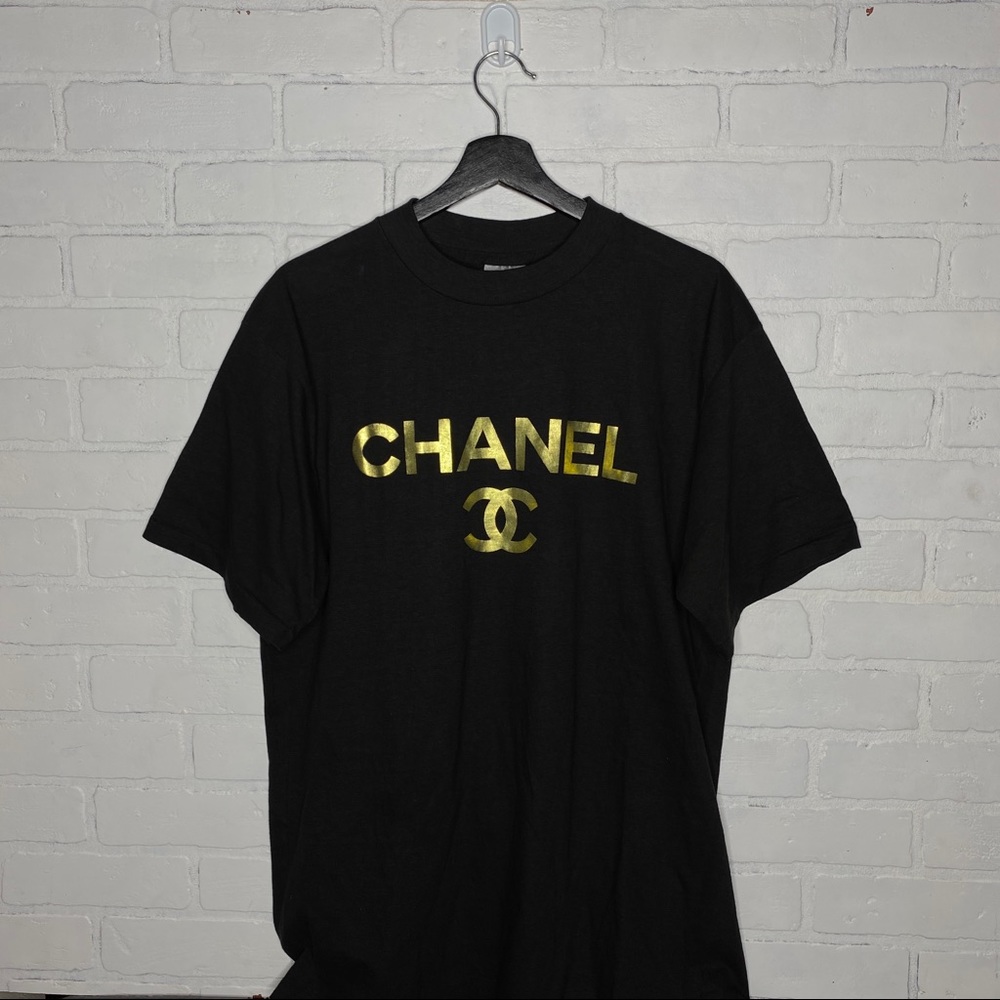 Vintage 90s Chanel Gold Foil Spell Out Single Stitch Shirt XL Oneita Promo